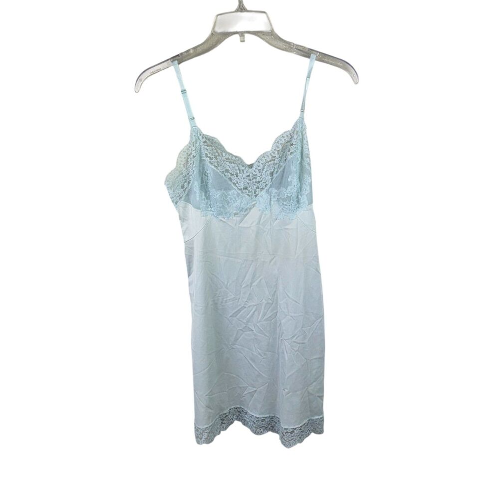 Vassarette Full Blue Slip Sz 32 Small Peek-thru Lace Top Vtg